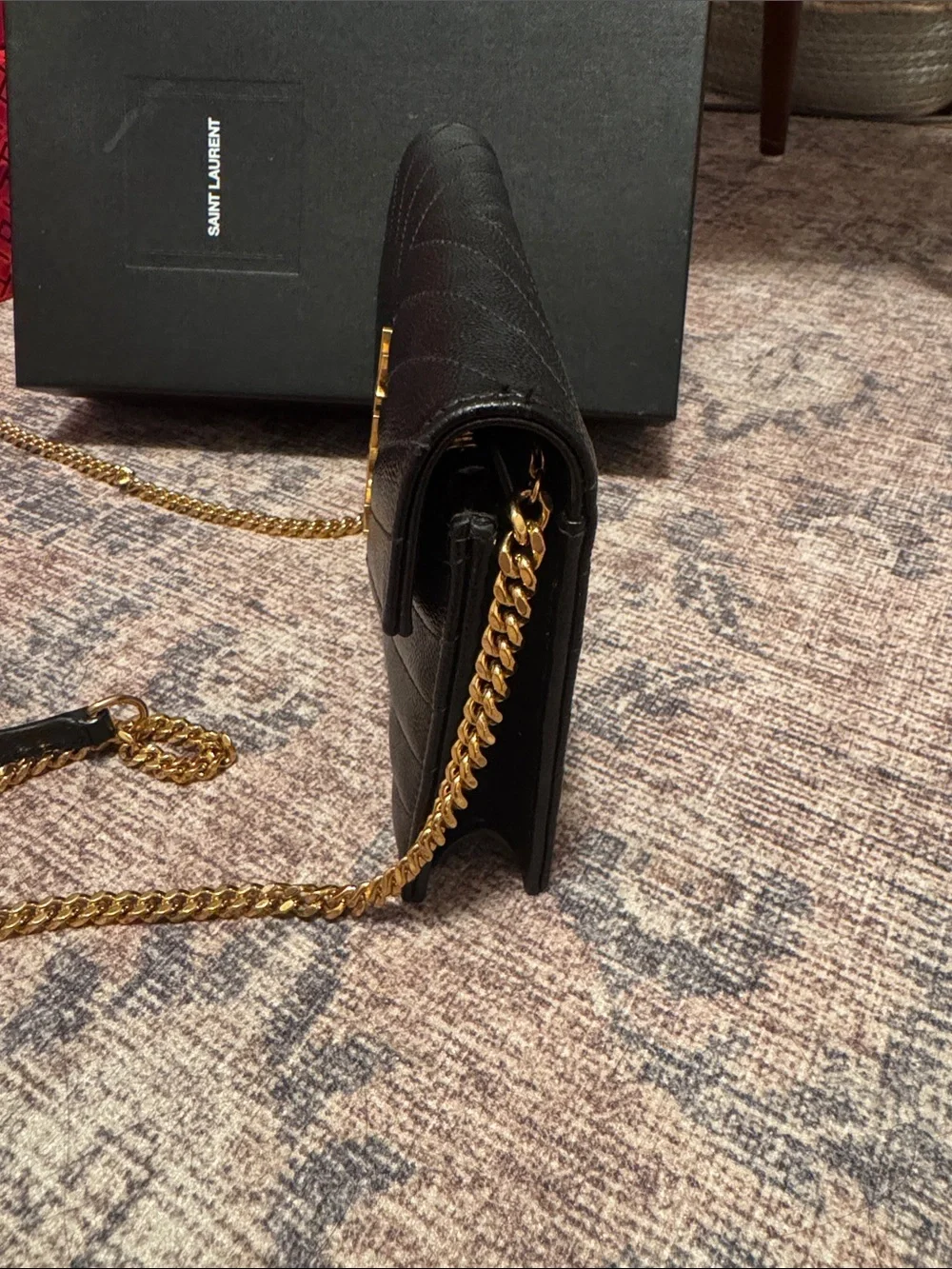 Saint Laurent Black Chevron Quilted Wallet Crossbody with Gold YSL